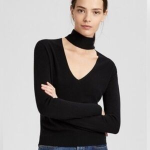 Theory silk cashmere v-neck Choker Sweater Navy womens small quiet luxury modern